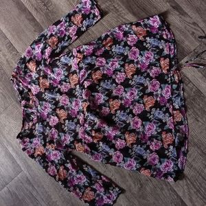 Black Floral Print Sheer Tie & Button Back Blouse